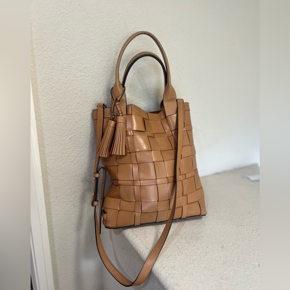 MICHAEL KORS Vivian LG NS Leather Tote Woven Leather Peanut Purse Crossbody